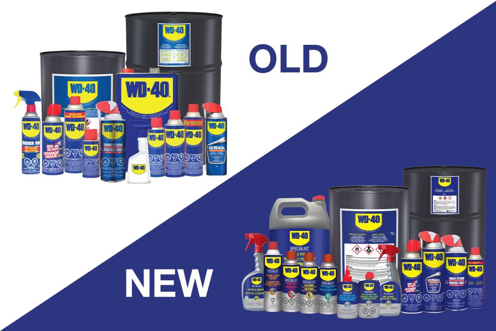 Side-by-side comparison showing WD-40 Packaging Redesign by Proton Effect original packaging with improved visual hierarchy, compliance integration, and shelf impact vs original packaging.