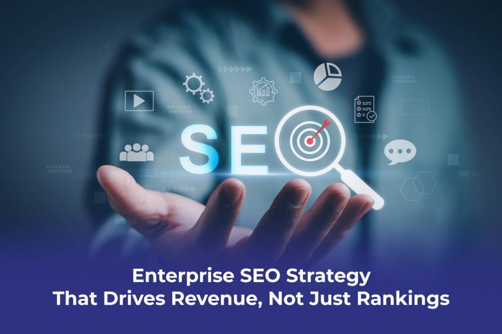 رسم توضيحي لاستراتيجية تحسين محركات البحث (SEO) للمؤسسات بتأثير بروتون يوضح النمو القائم على البيانات وظهور البحث للمؤسسات العالمية